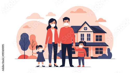 Illustration of a happy family with two children, all wearing protective medical masks outside their house during lockdown.