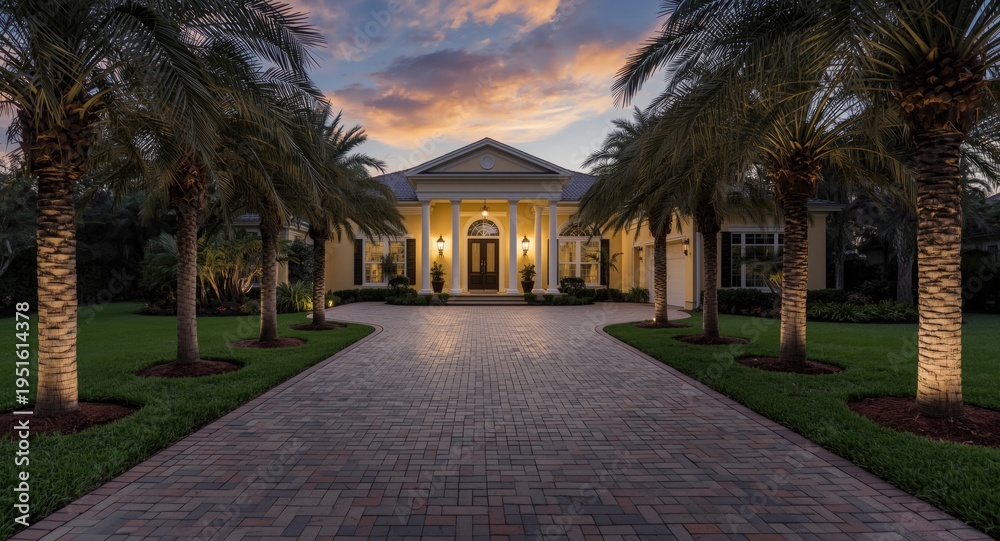 Fototapeta premium Palm-lined approach to garage and driveway of yellow house featuring elegant white columns