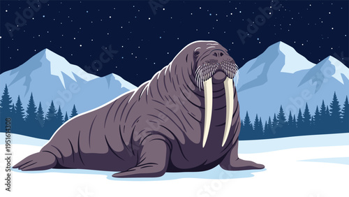 Detailed illustration of a massive walrus resting on an Arctic ice floe, set against a stunning backdrop of snowy peaks and a night sky.