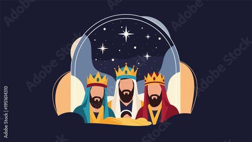 Festive illustration of the biblical three kings, or Magi, adorned with crowns and bearing gifts under a celestial, star-filled arch.