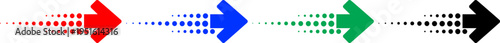Set of five directional arrows composed of dots and solid shapes in red blue green and black
