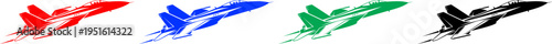 Set of fighter jets in four different colors red blue green and black flying fast dynamic shapes