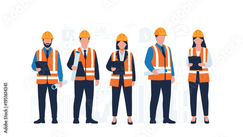 Professional illustration of a team of male and female architects and engineers in safety gear, ready for a construction project.