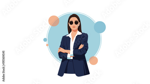 Strong illustration of a powerful female executive wearing a business suit and shades, embodying corporate authority and success.
