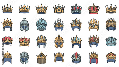 Diverse set of intricately designed crowns and helmets from different eras, symbolizing royalty, warfare, and historical authority.