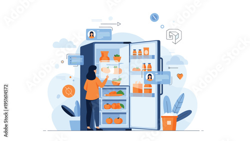 Modern illustration of a female managing groceries in an intelligent fridge, representing smart kitchen and IoT home solutions.