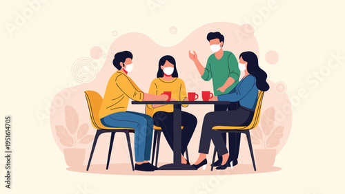 Illustration of a diverse group of friends or colleagues enjoying coffee while wearing masks, depicting safe social gatherings.
