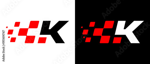 Modern K-letter logo with sharp racing geometry and pixel details, reflecting power, motion, and competition
