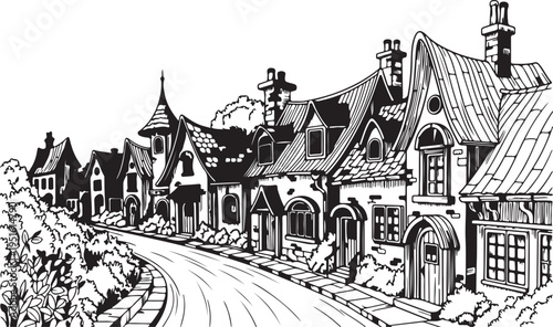 Coloring vector illustration of a quaint town page from a book