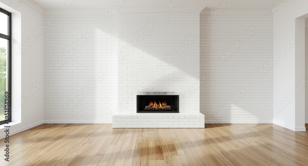 Obraz premium Open bright living room with gas fireplace on white brick wall and copy space provided
