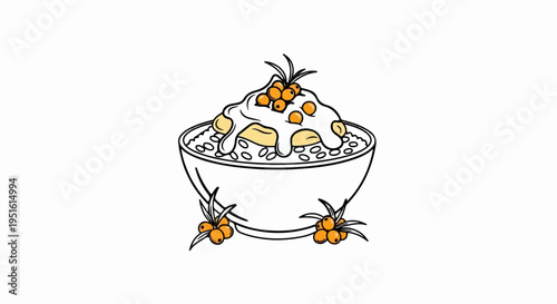 A white bowl overflowing with porridge, topped with cream and berries