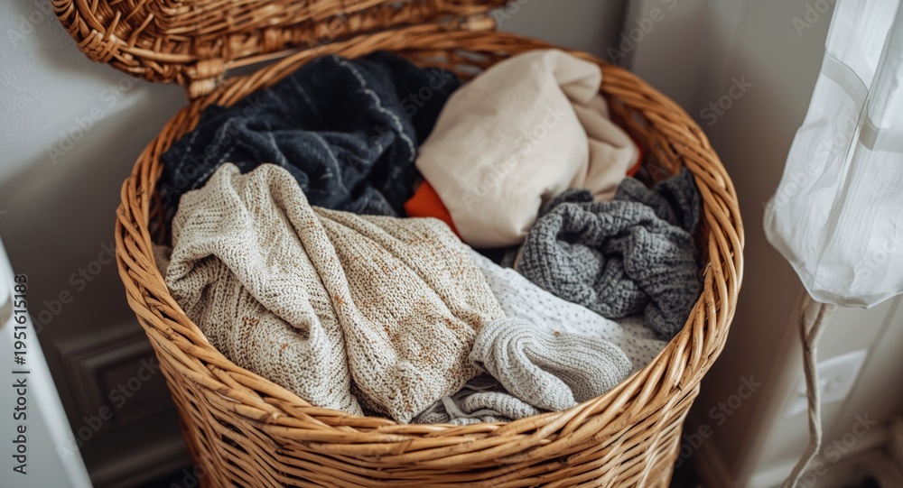 Obraz premium Dirty laundry stored in an indoor wicker hamper for easy cleaning
