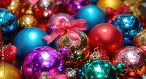 Brightly colored glass and metal Christmas balls with ribbon bows displayed on a table
