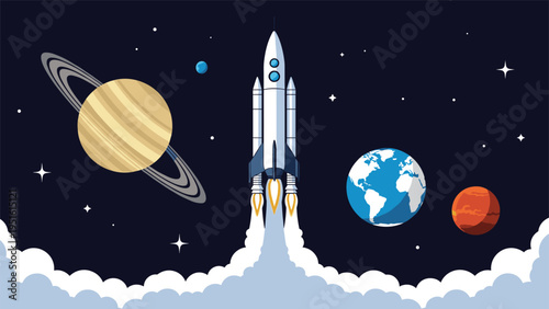 Dynamic illustration of a rocket taking off from Earth into the solar system, surrounded by planets like Saturn and Mars.
