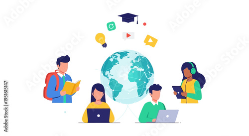 Global E-Learning Network: Diverse Students Studying Online with Laptops, Connected via Internet Technology to a World Education Platform.