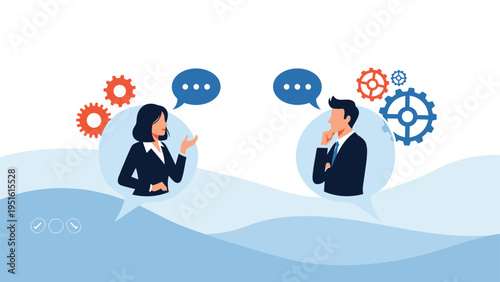 Professional illustration of two business individuals discussing ideas, representing efficient communication and strategic thinking.