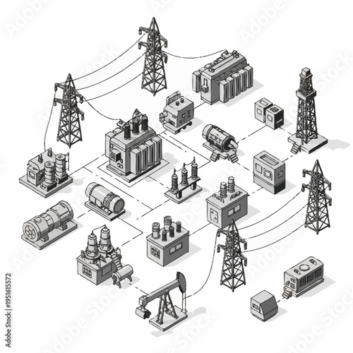 Industrial Power Grid Network Diagram with Equipment.