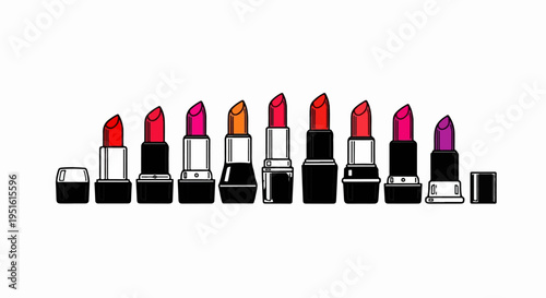 Colorful lipsticks, some open, in a row