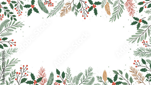 Beautiful illustration of a Christmas-themed floral frame, featuring pine branches, holly, and red berries on a white background.