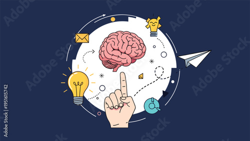 Dynamic illustration of a brain initiating creative processes, encircled by symbols of new ideas, communication, and inspiration.
