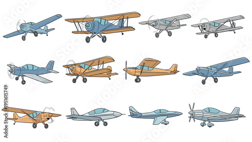 Diverse set of detailed illustrations featuring classic and contemporary light aircraft, representing aviation and flight.