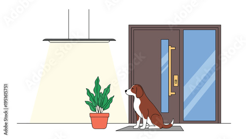 Adorable dog sitting obediently near the entrance of a home, illustrating pet behavior and the comfort of domestic life.