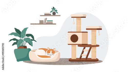 Cozy illustration of a ginger cat napping in its bed, with a cat scratcher tower and house plants, representing pet well-being.