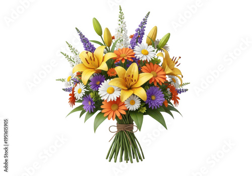 A vibrant bouquet of colorful flowers arranged in a cheerful bouquet