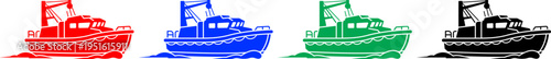 Colorful fishing boat outlines in red blue green and black sailing on water waves