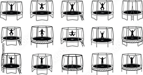 Black and White Silhouette Vector Set of People Jumping on Round Outdoor Trampolines with Safety Enclosure Nets and Ladders for Backyard Fun Exercise