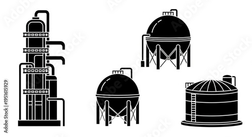 Silhouette Illustration of Industrial Storage Tanks and Distillation Column.
