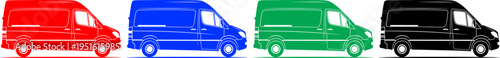 Commercial delivery van silhouettes in four different colors side view perspective for logistics design