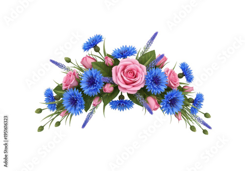 Elegant floral arrangement with blue, pink, and white flowers in a decorative bow shape