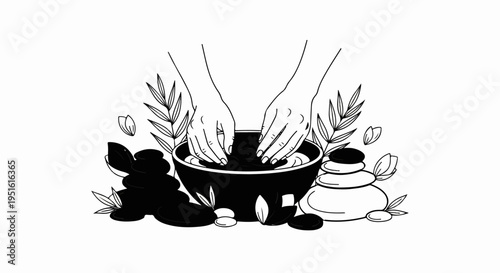 Hands in bowl surrounded by stones and leaves