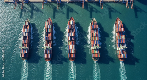 Aerial View of Container Ships Sailing in Formation on the Sea.
