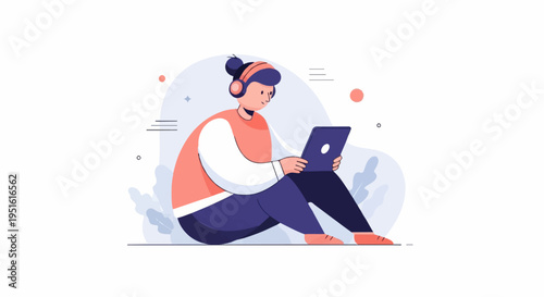 Person with headphones and tablet, sitting, listening, playing, learning