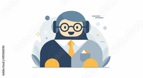 Friendly character with headphones and glasses, wearing a suit