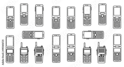 Collection of Vintage Flip Phones and Two-Way Radios in Black and White Line Art