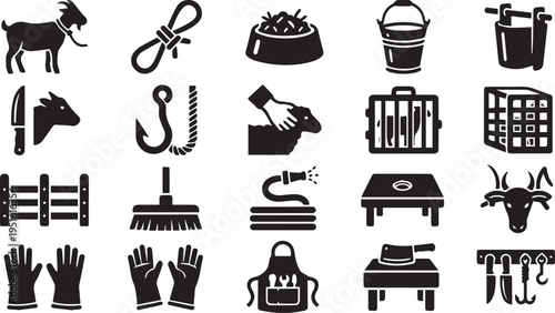 Eid Ul Adha Qurbani Livestock Care And Butcher Tools Icon Set