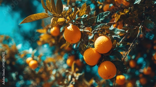 Close-up view of ripe oranges hanging from a vibrant citrus tree branch, showcasing nature's bounty