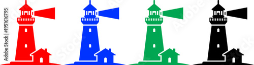 Four colorful lighthouses on transparent background illustrating sea rescue and navigation aids