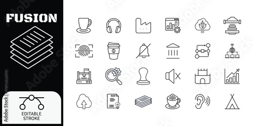 Editable line of business and technology concepts on white and black background line editable stroke