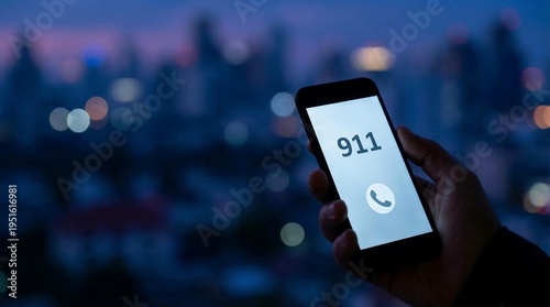 Urgent call being made to 911 on a smartphone, with a hand holding the device against a blurry city night background, symbolizing public safety and immediate assistance