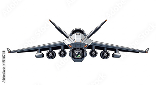 Modern military jet aircraft with wings and engines in flight ready.