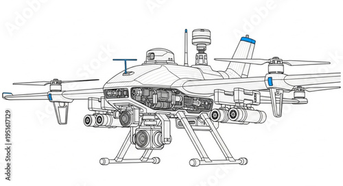Detailed illustration of a complex drone showcasing its intricate design and components.