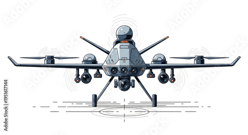 Detailed illustration of a modern unmanned aerial vehicle with multiple propellers and sensors.