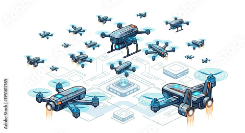 A futuristic illustration showcasing a fleet of advanced drones in flight, ready for action.