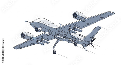Detailed illustration of a military drone aircraft in flight, showcasing design.