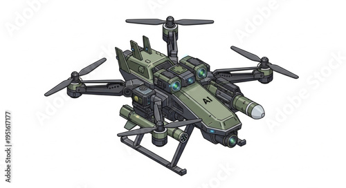 Detailed illustration of a military drone with multiple propellers and advanced technology.