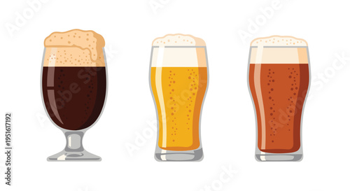 Three distinct glasses of beer, including stout, lager, and ale, are arranged in a row on a white background.